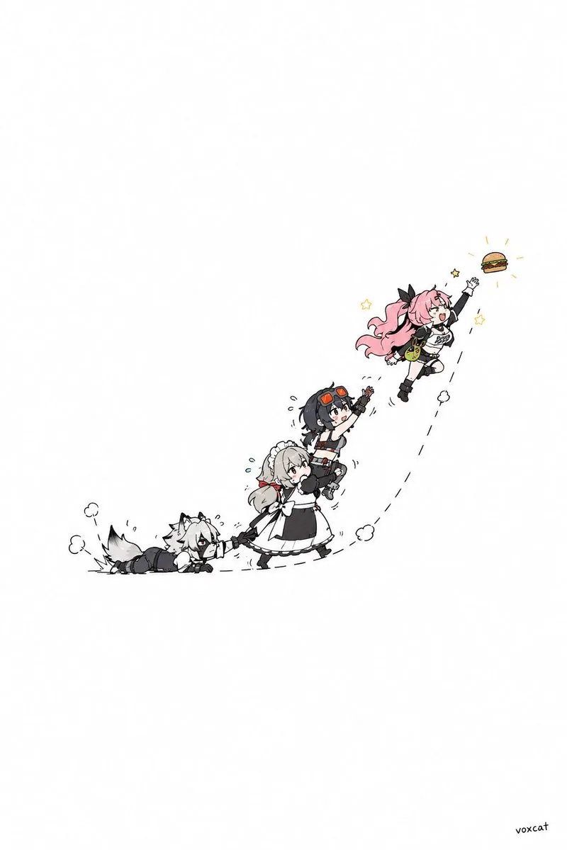 Minimalist cartoon doodle characters interacting in a playful action chain on a white background. (2)