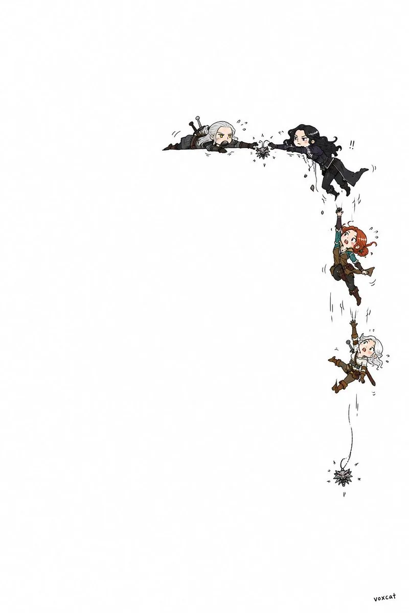 Minimalist cartoon doodle characters interacting in a playful action chain on a white background. (3)