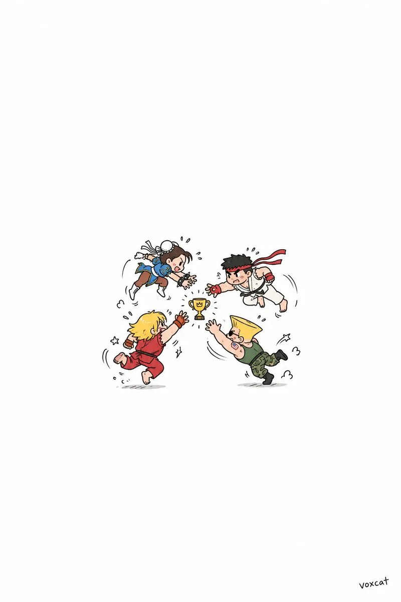 Minimalist cartoon doodle characters interacting in a playful action chain on a white background. (4)