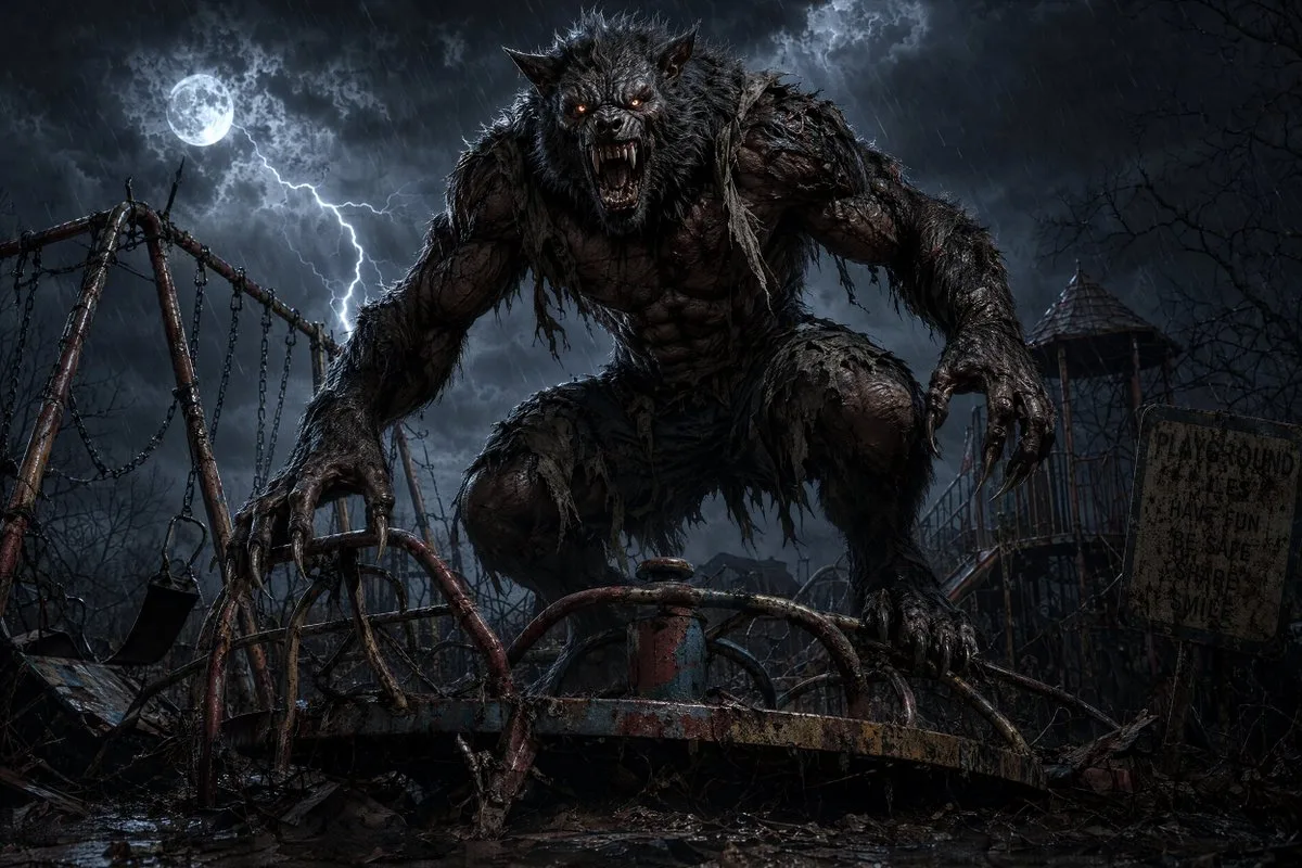 A massive werewolf snarling atop a rusted merry-go-round in a stormy, abandoned playground at night.
