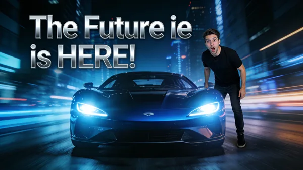 Electric supercar at night with an excited reviewer and futuristic text overlay.