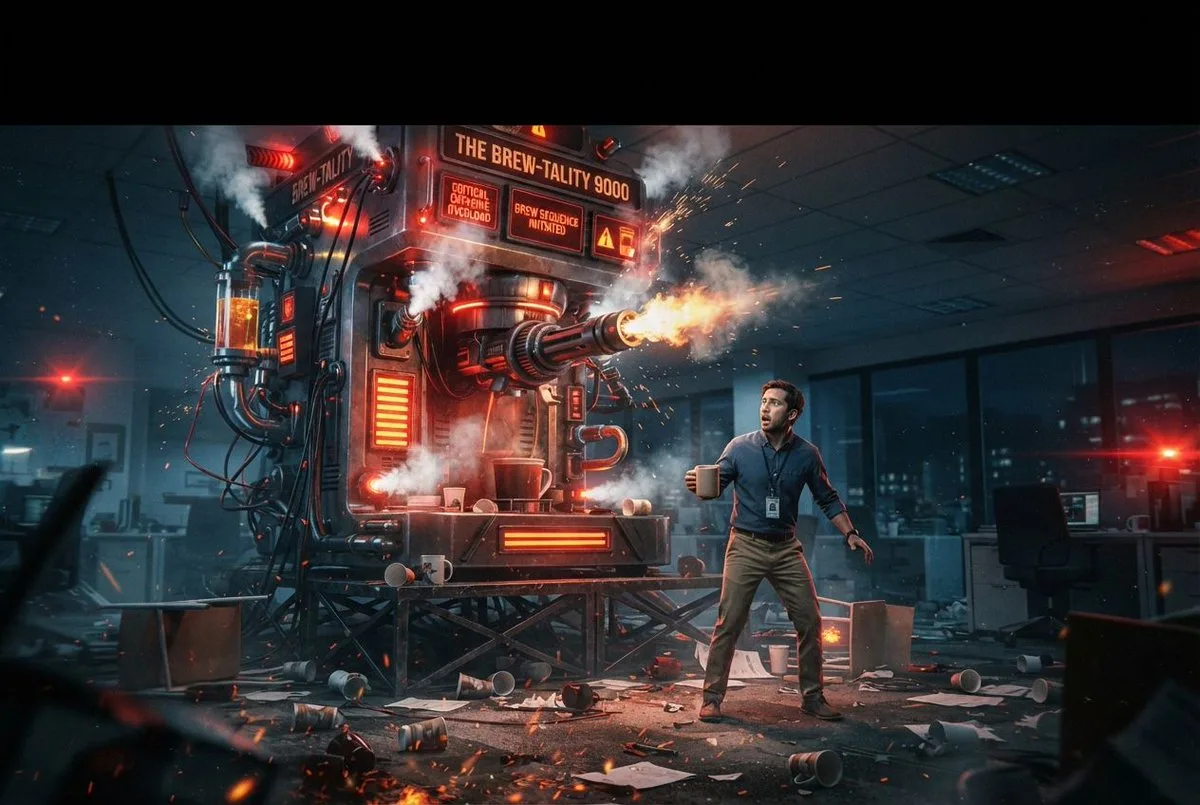 A giant office coffee machine as a sci-fi boss battle with sparks.