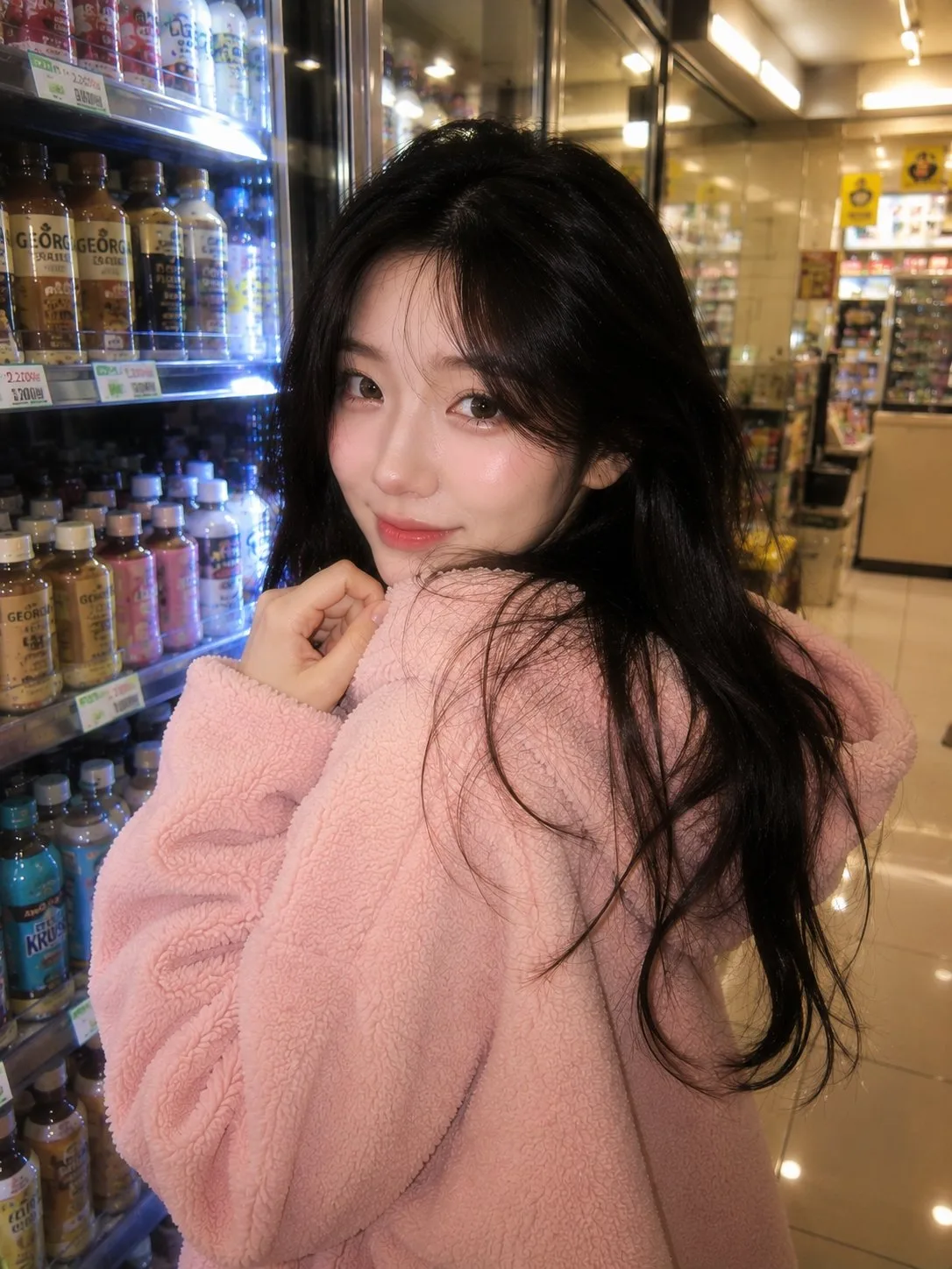 A young Korean woman holding strawberry milk in a convenience store at night.