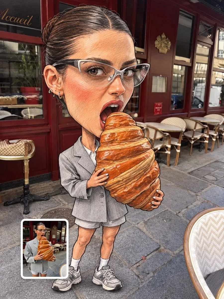A hand-drawn cartoon caricature with an oversized head placed in a photorealistic environment.