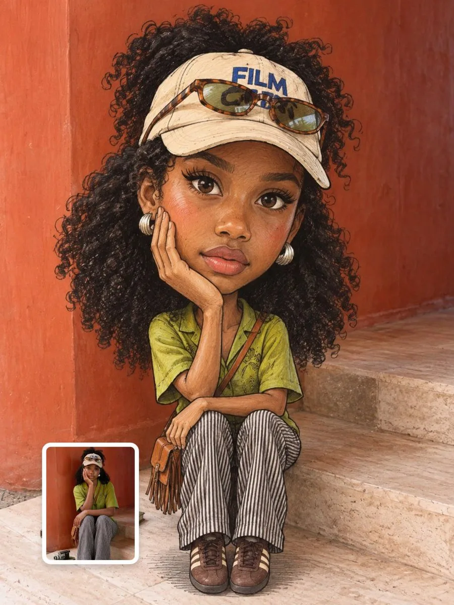 A hand-drawn cartoon caricature with an oversized head placed in a photorealistic environment. (2)