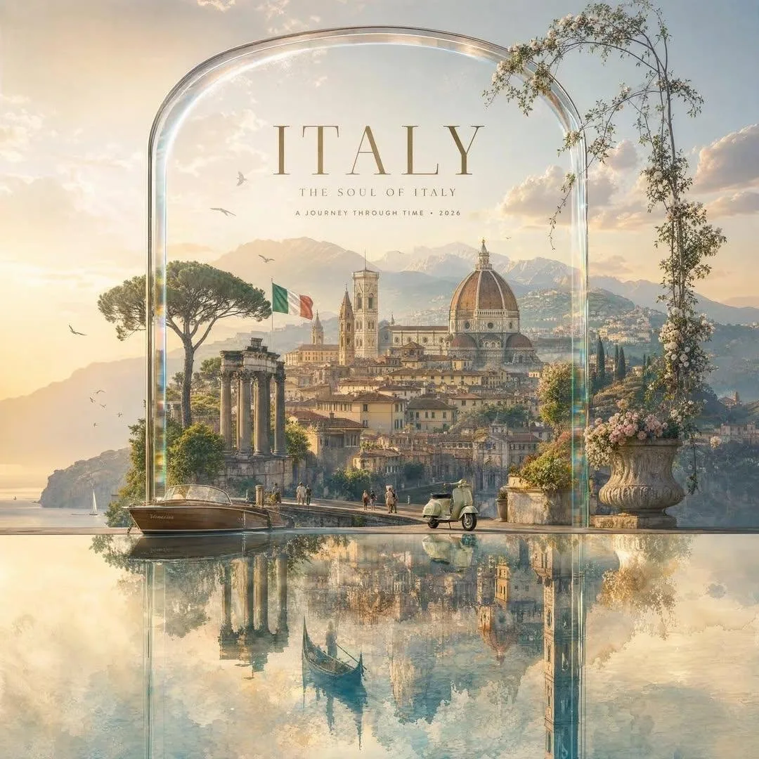 A luxurious glass arch displaying a detailed panorama of iconic country landmarks at golden hour.