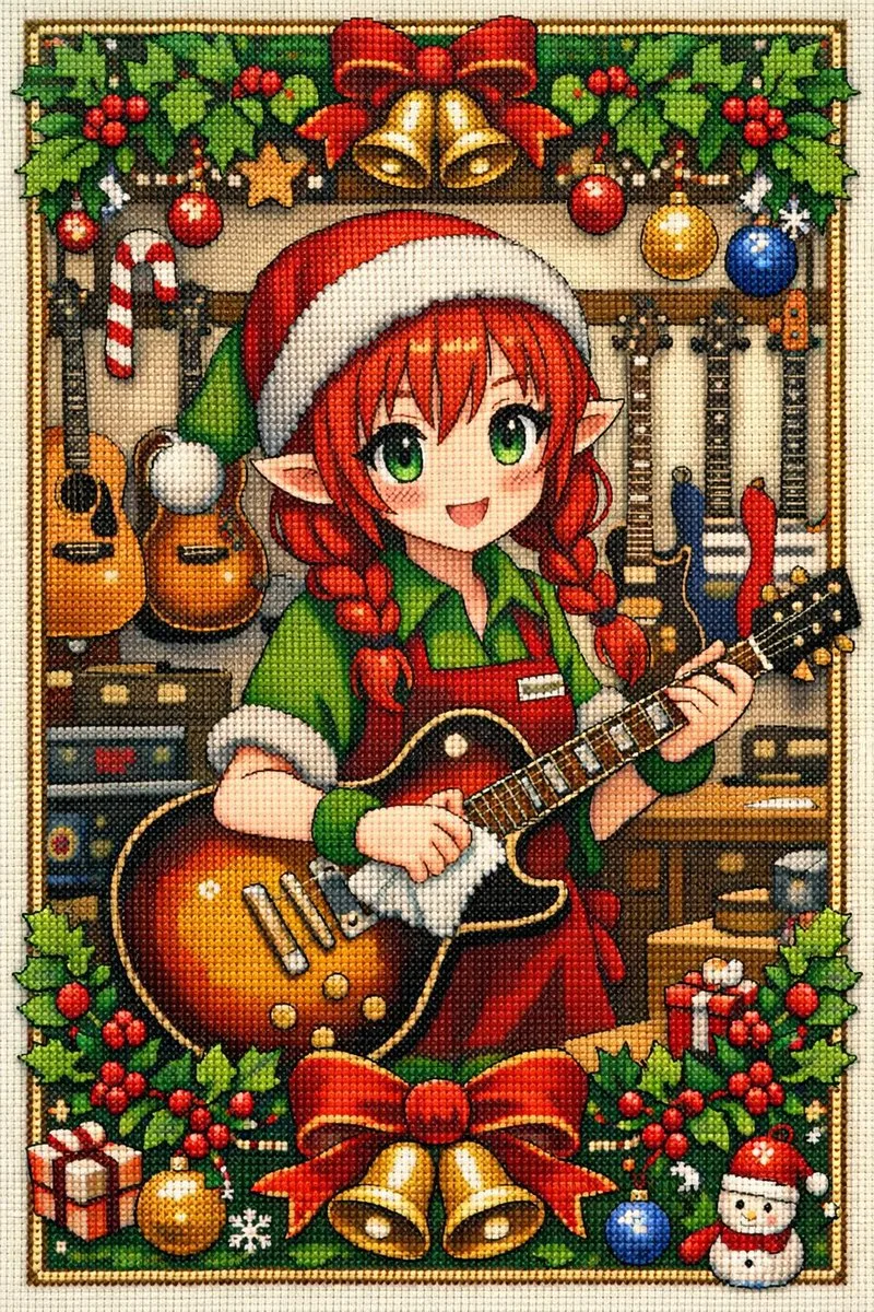 Cross-stitch of an anime Christmas elf in a guitar store with festive border