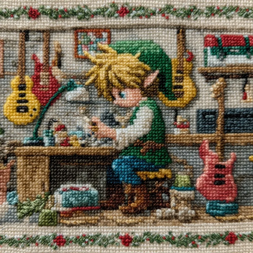 Cross-stitch of an anime Christmas elf in a guitar store with festive border (2)
