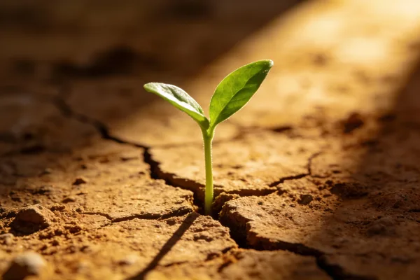 A small green sprout growing through cracked dry earth under a beam of light.