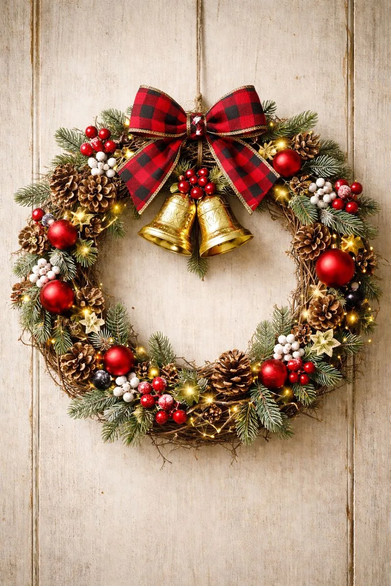 A festive Christmas wreath with red berries and ornaments on a door.