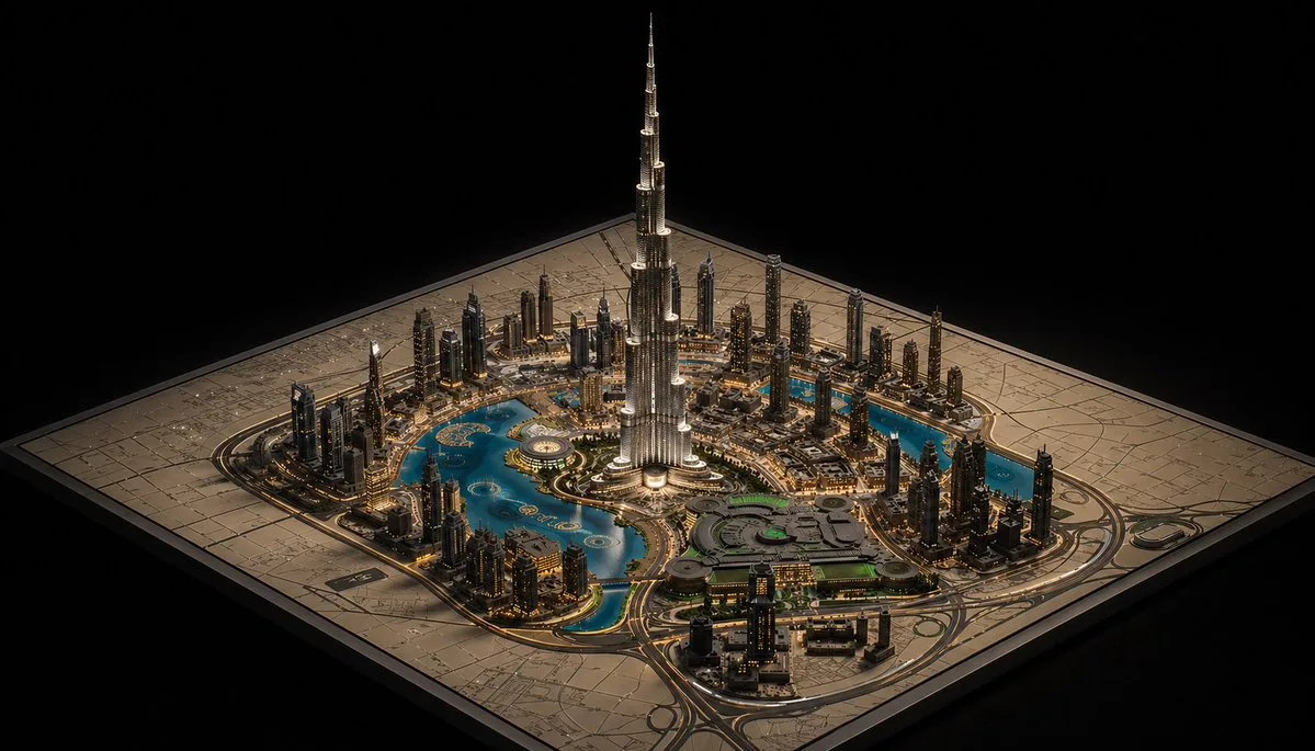 A luxurious isometric miniature city model featuring a central skyscraper on a square architectural board.