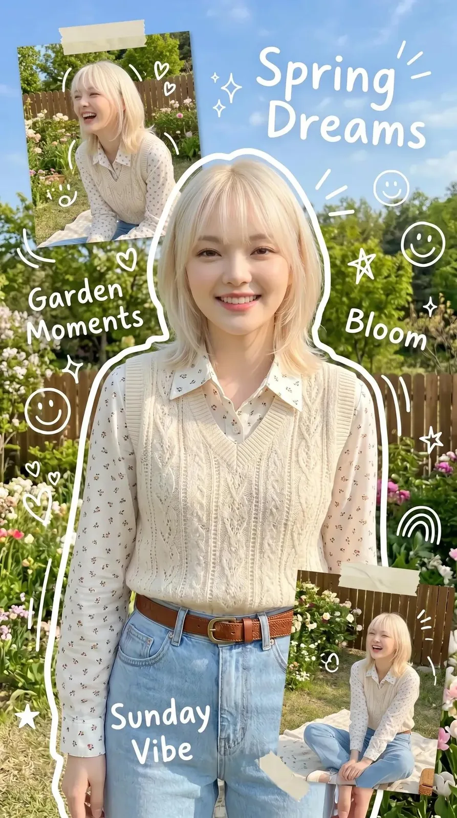A smiling girl in a spring garden with scrapbook stickers and floral decorations.