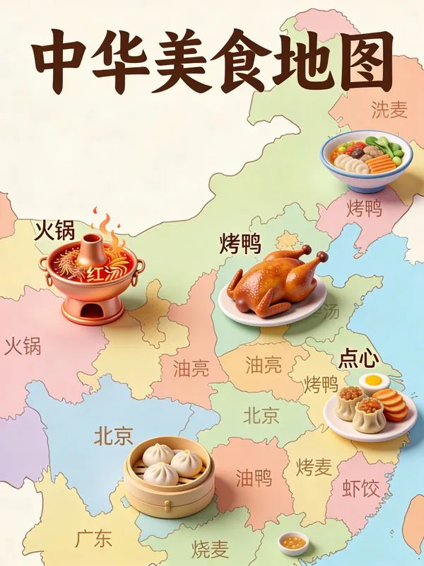 Chinese Food Map poster with 3D realistic food icons representing different provinces.