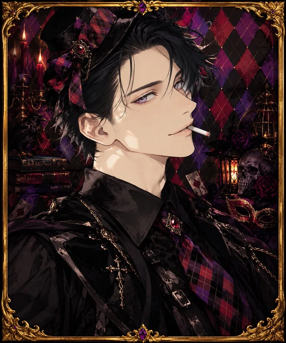 Anime portrait of a gothic man with a top hat and purple eyes.