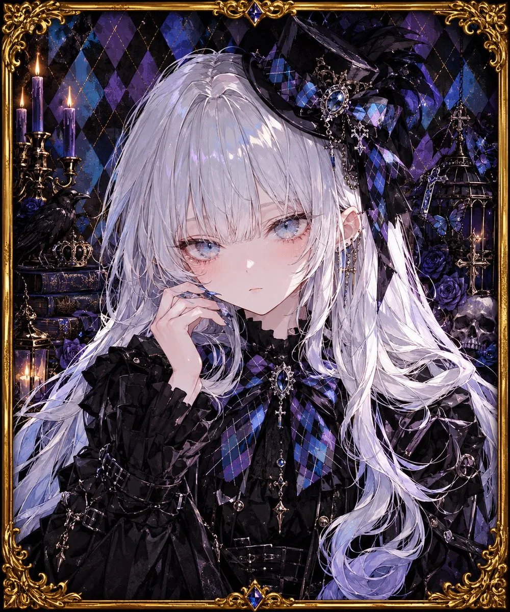 Anime portrait of a gothic man with a top hat and purple eyes. (2)