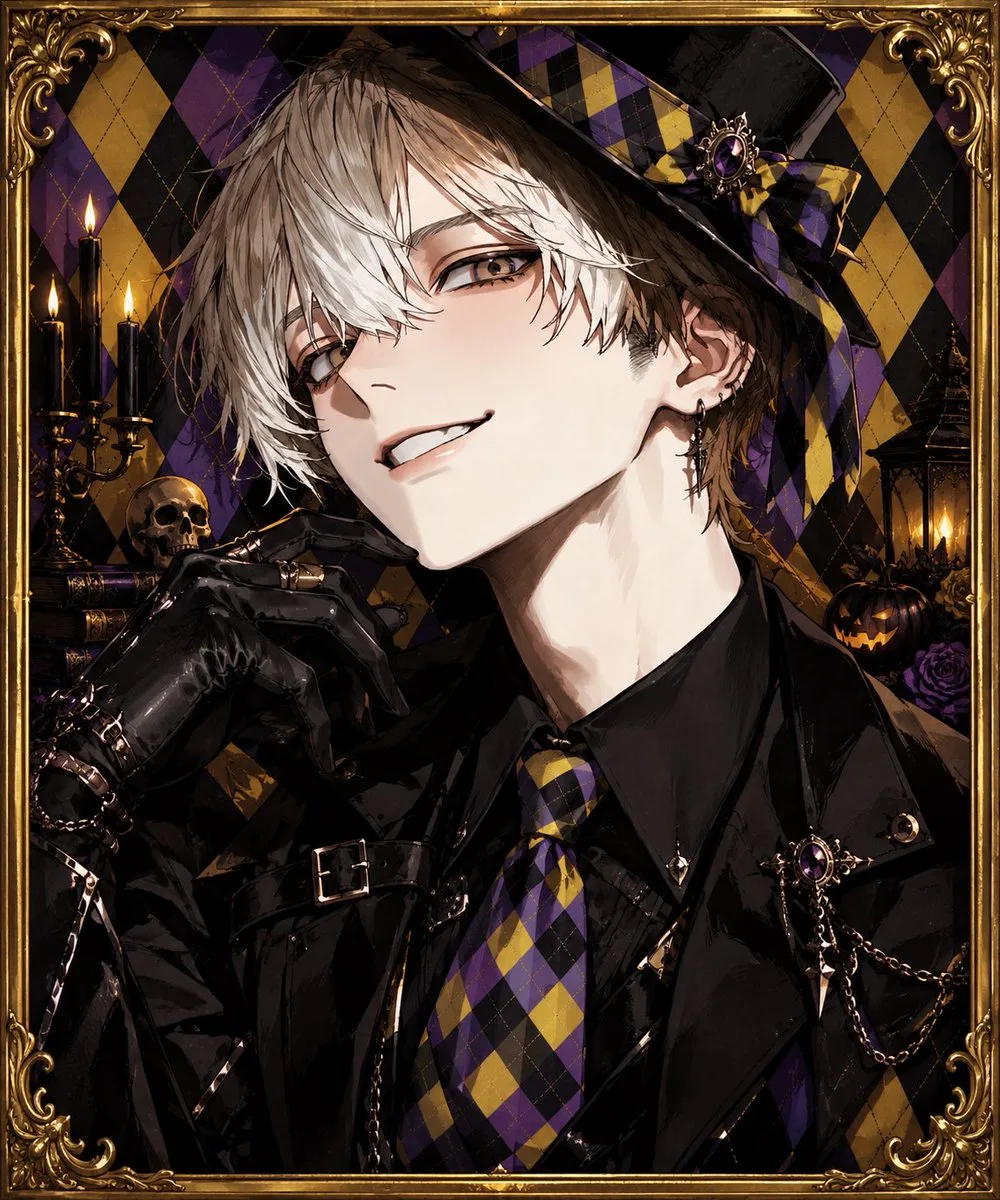 Anime portrait of a gothic man with a top hat and purple eyes. (3)