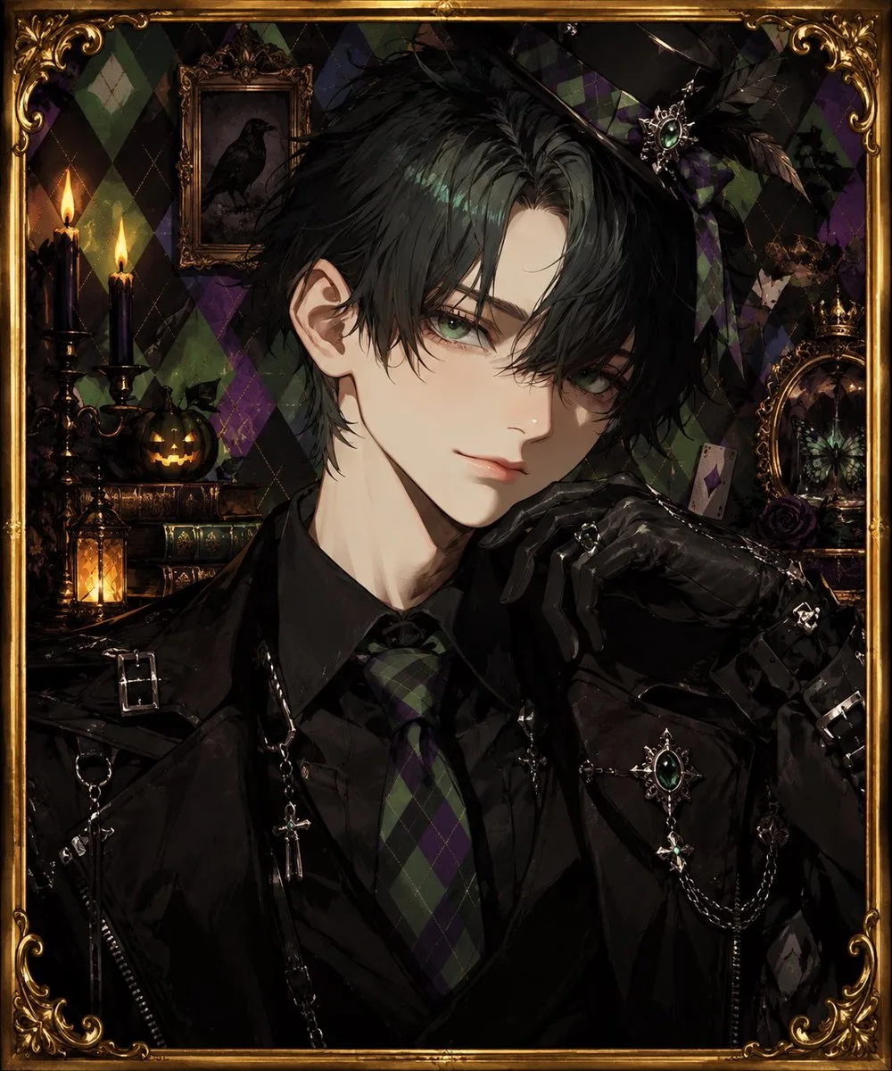 Anime portrait of a gothic man with a top hat and purple eyes. (4)
