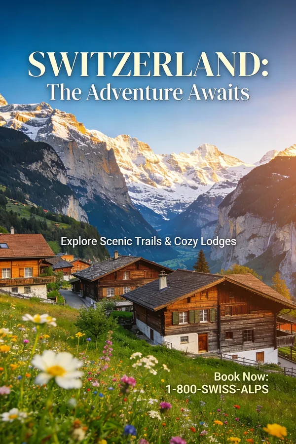 A scenic Swiss alpine village with snow-capped mountains in a travel poster style.
