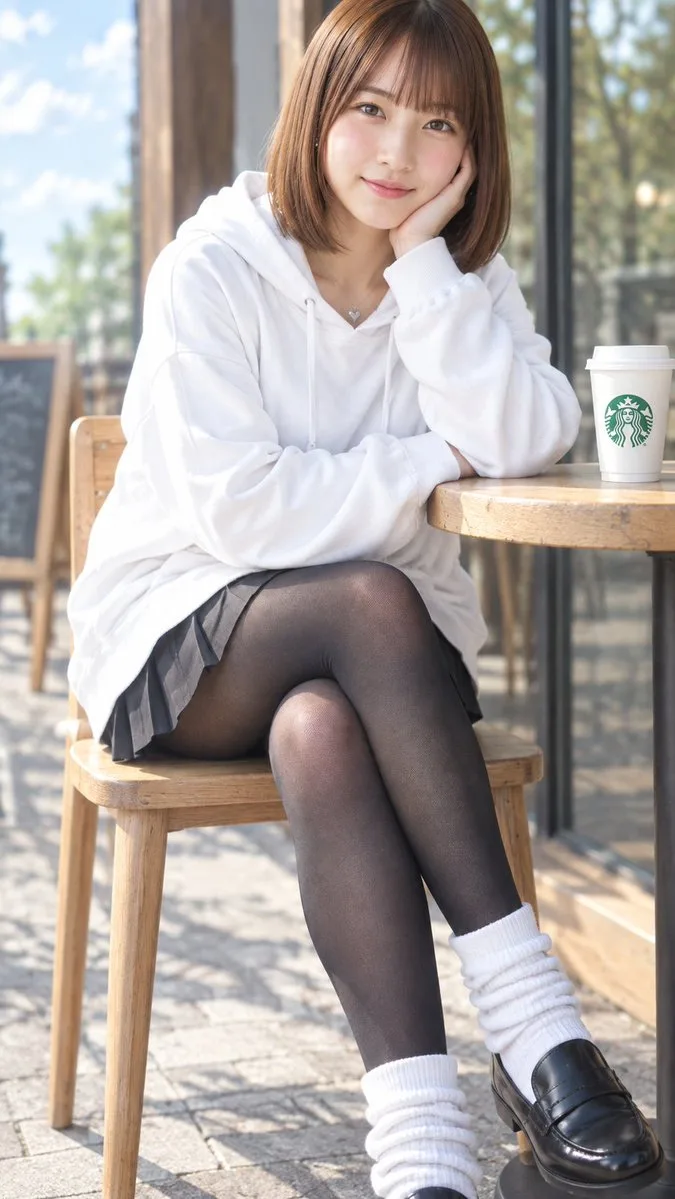 Young woman in a white hoodie and pleated skirt sitting at an outdoor cafe.