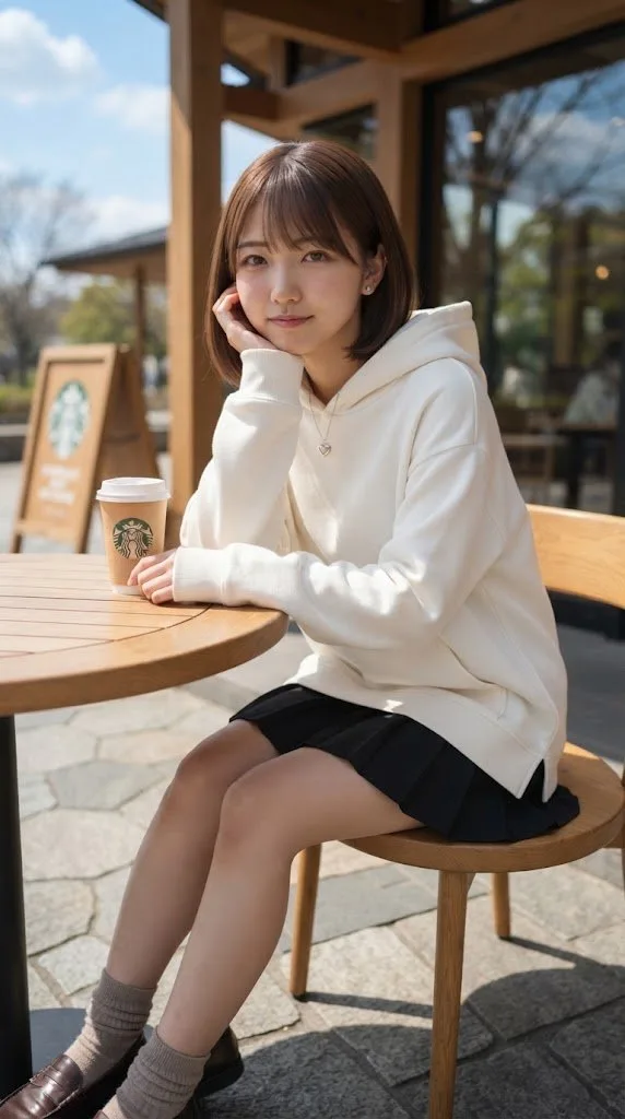 Young woman in a white hoodie and pleated skirt sitting at an outdoor cafe. (2)
