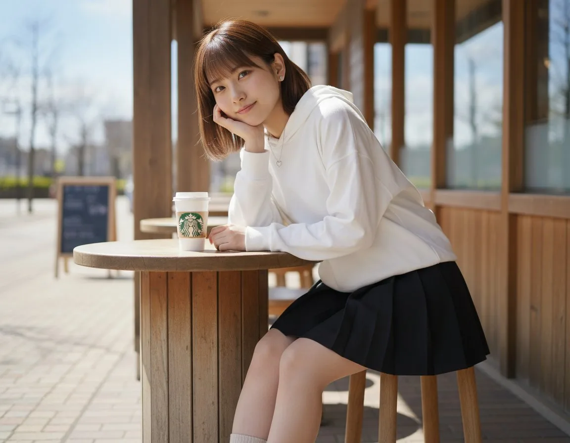 Young woman in a white hoodie and pleated skirt sitting at an outdoor cafe. (3)