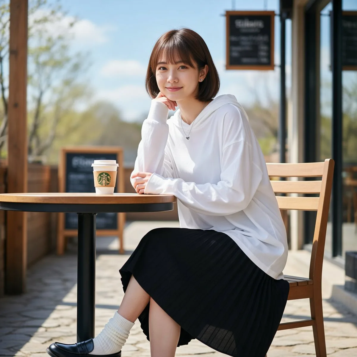 Young woman in a white hoodie and pleated skirt sitting at an outdoor cafe. (4)