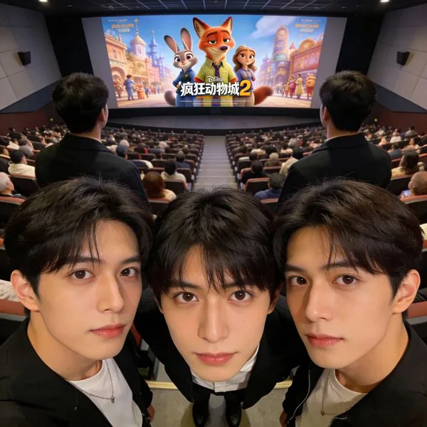 Three friends taking a high-angle selfie in a crowded cinema with a bright movie screen background.