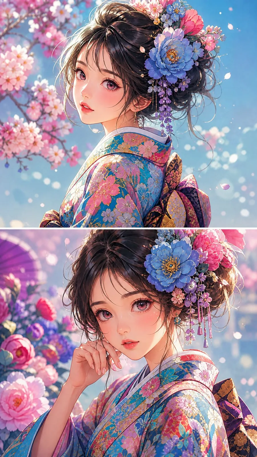 Anime portrait of a young girl in a floral kimono with flowers in her hair.