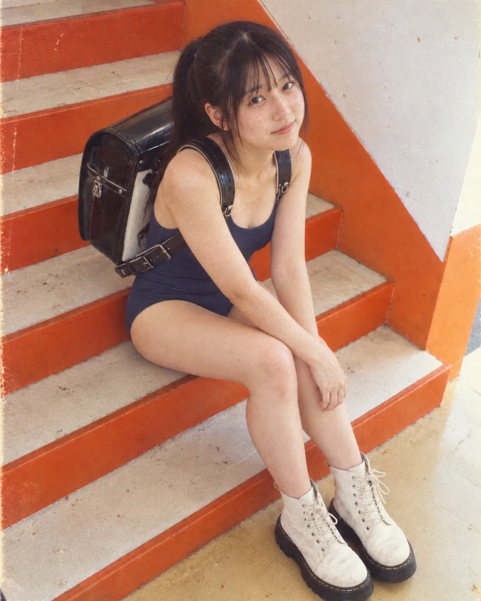 Young woman on orange and grey stairs wearing a swimsuit and combat boots.