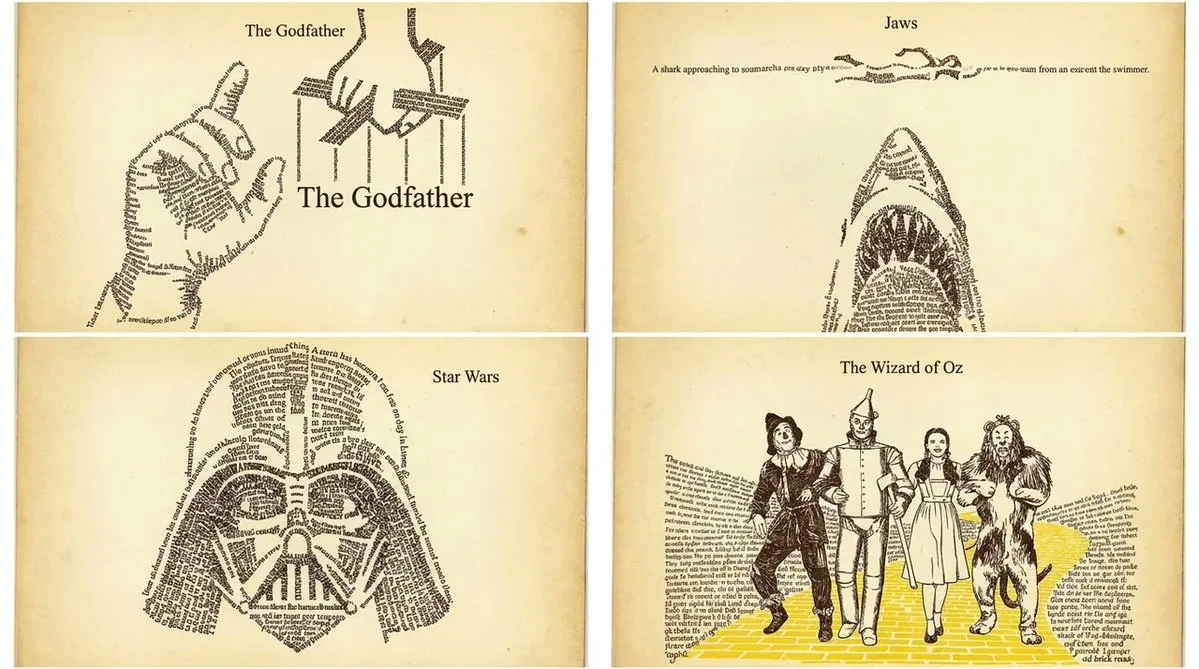 A 2x2 grid of cinematic silhouettes formed entirely from tiny legible typography on aged paper.