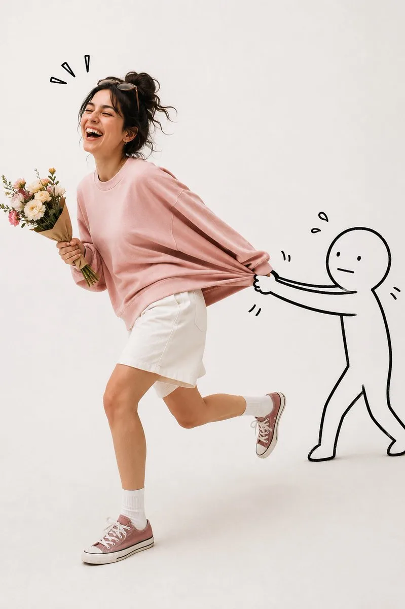 A laughing woman in a blue sweatshirt being playfully held back by a hand-drawn doodle.
