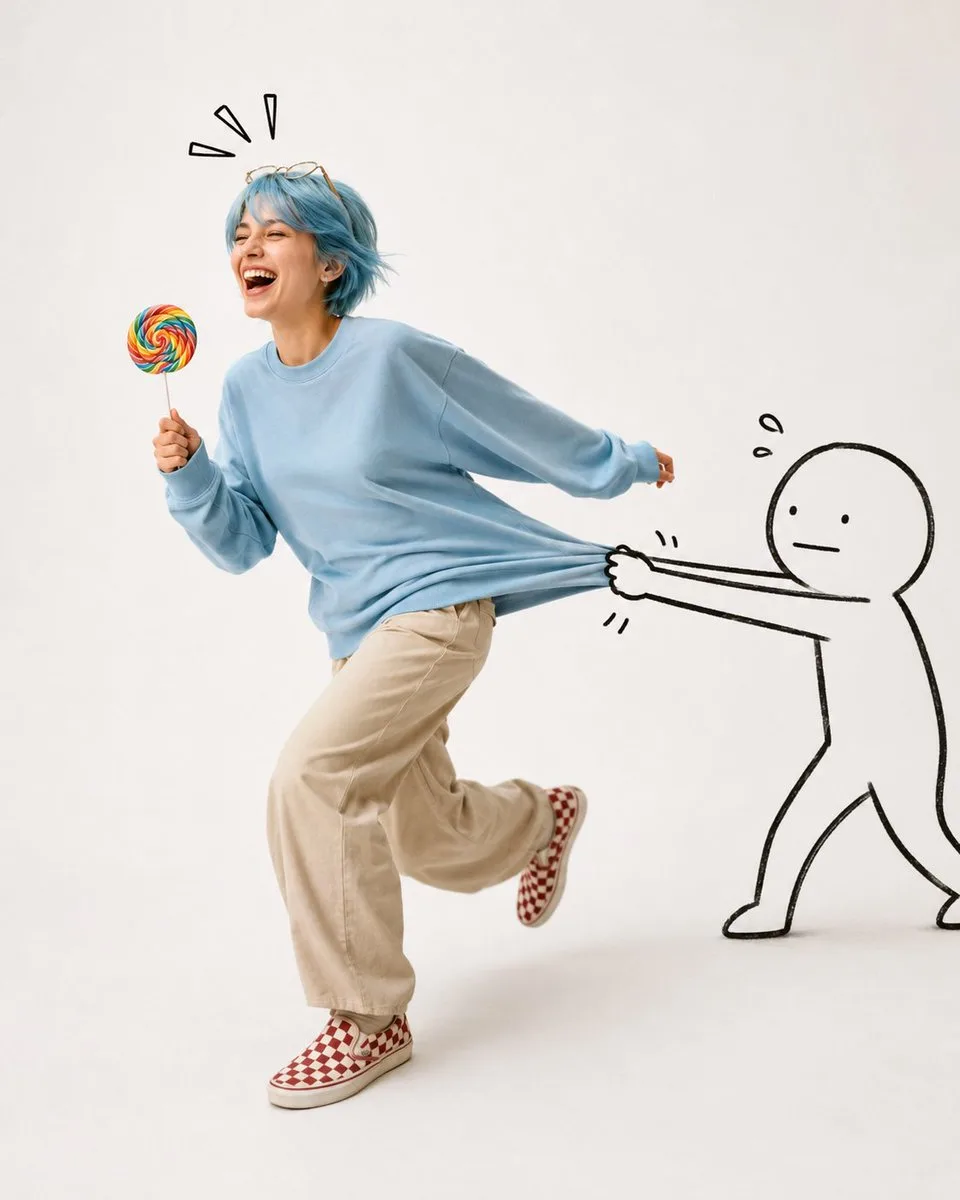 A laughing woman in a blue sweatshirt being playfully held back by a hand-drawn doodle. (2)