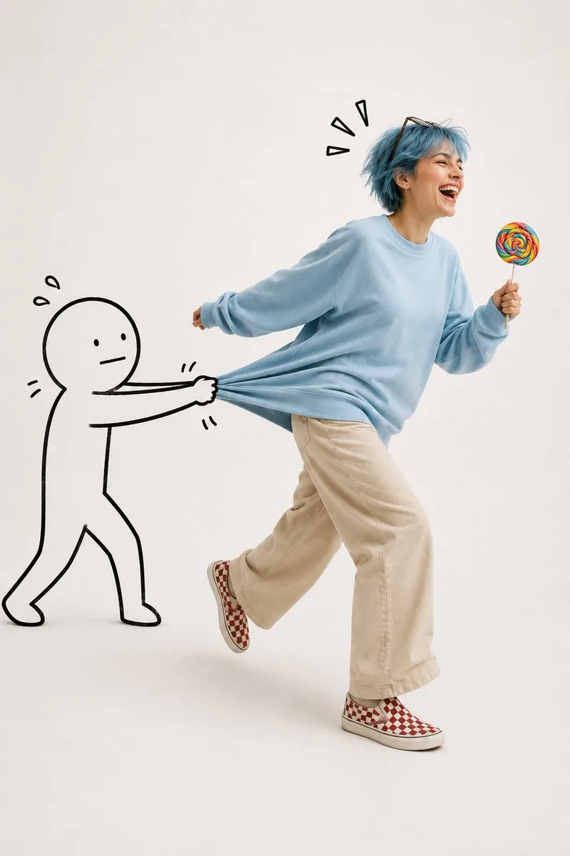 A laughing woman in a blue sweatshirt being playfully held back by a hand-drawn doodle. (3)