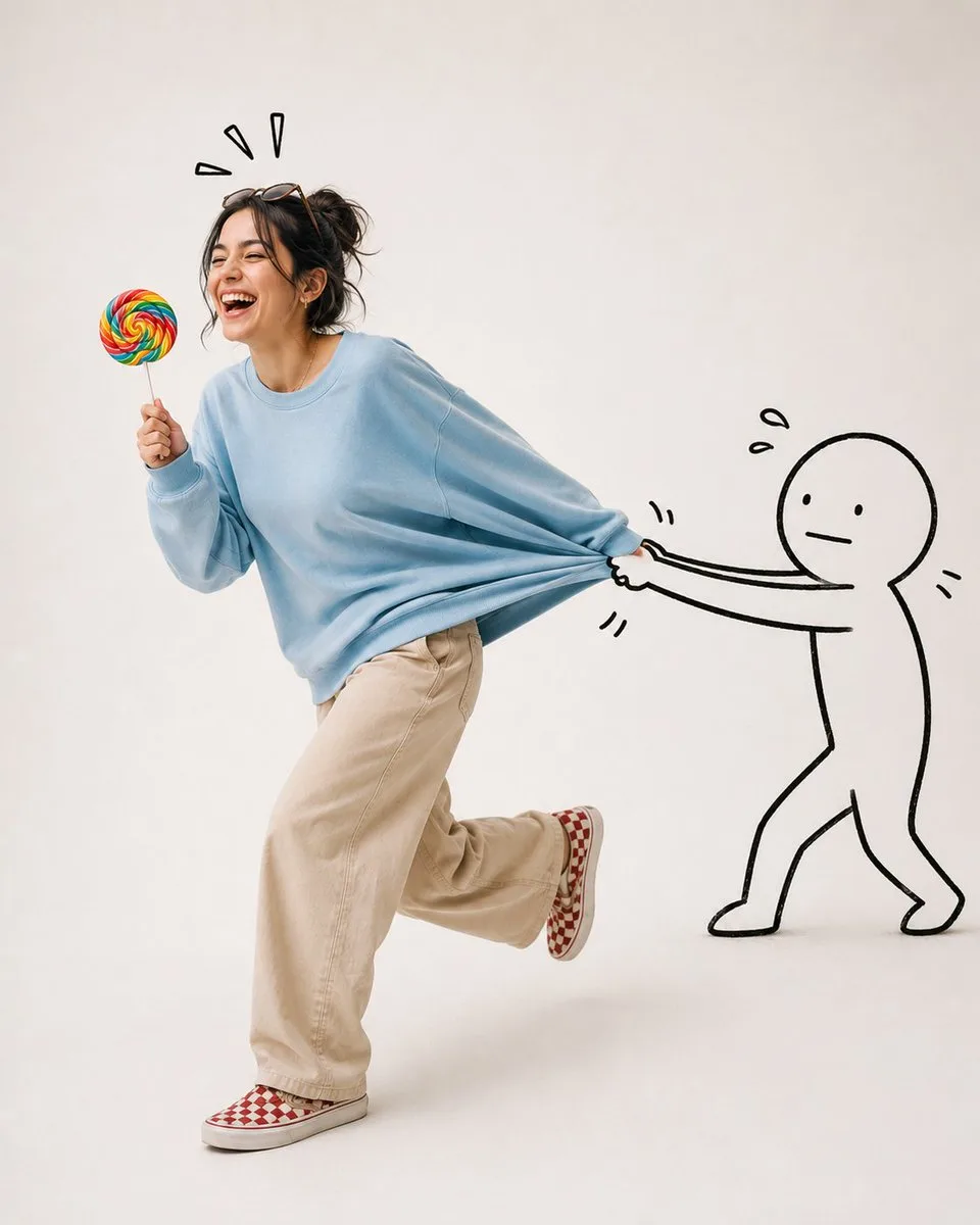 A laughing woman in a blue sweatshirt being playfully held back by a hand-drawn doodle. (4)