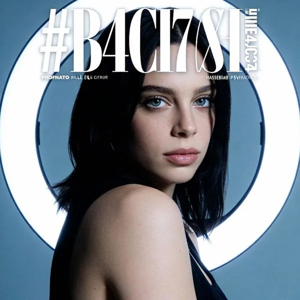 Minimalist half-body portrait of a young woman against a blue background.
