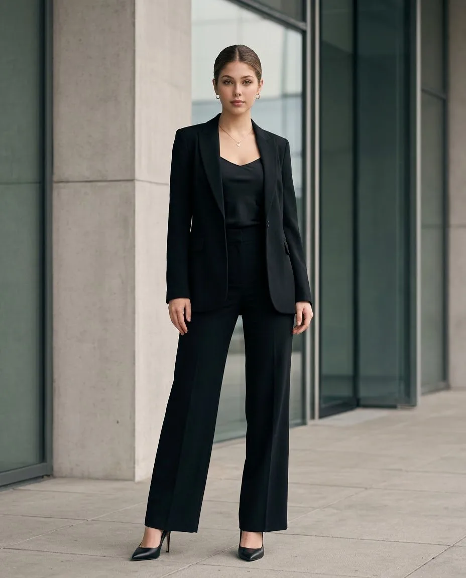 Full-body portrait of a confident businesswoman in a black pantsuit outside a modern office building.