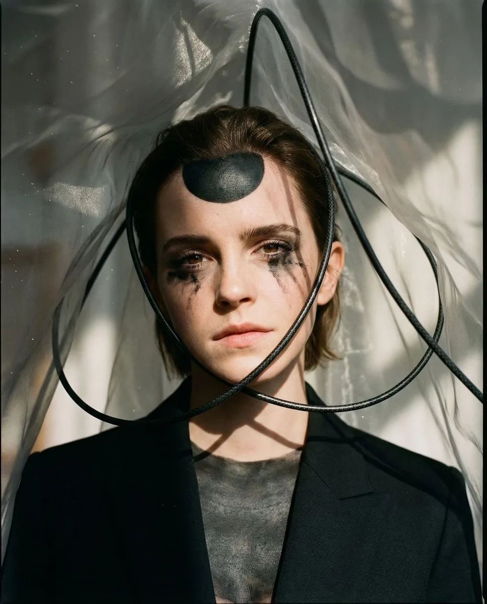 Avant-garde portrait with floating black wires and a translucent veil in a sunlit atelier.