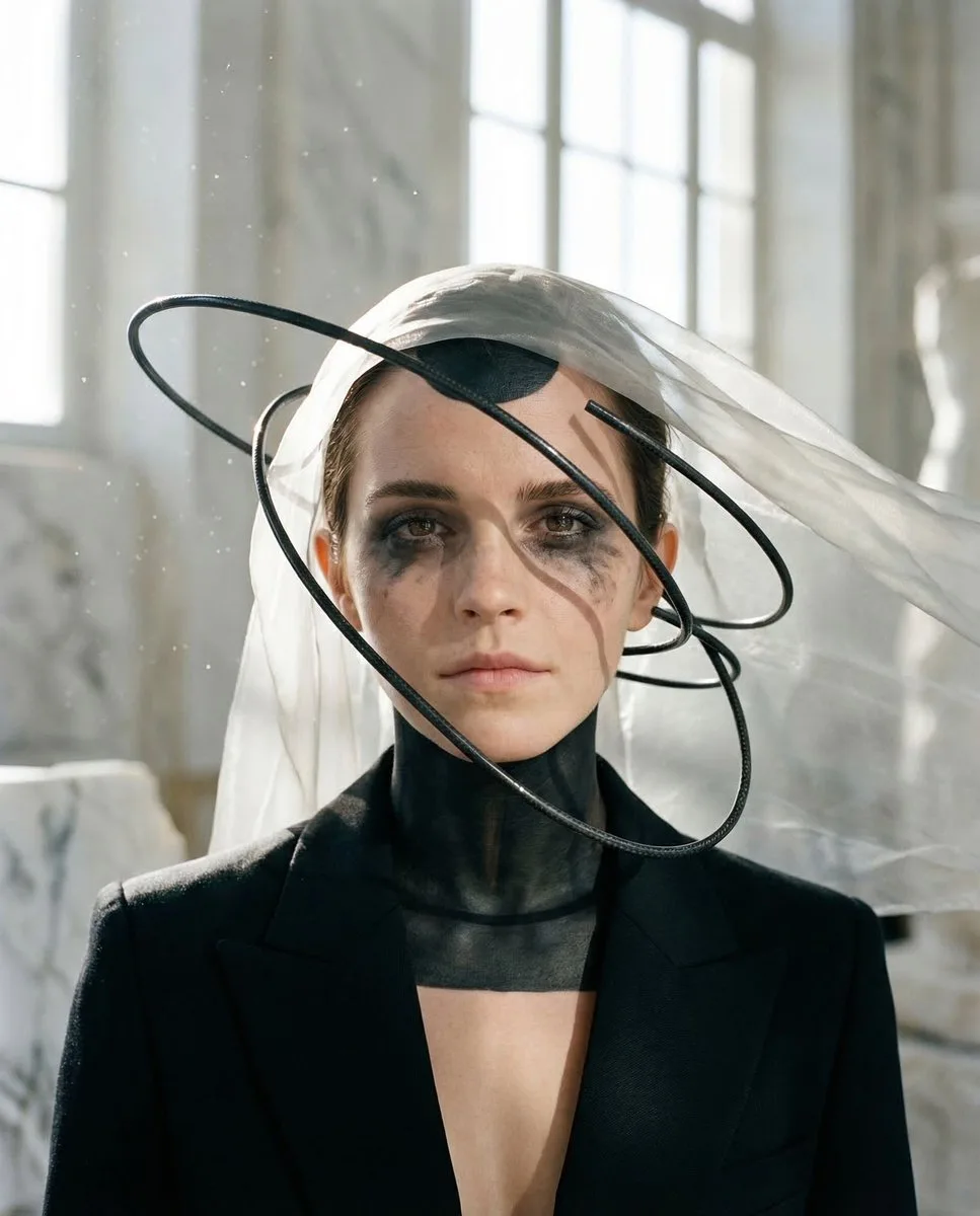 Avant-garde portrait with floating black wires and a translucent veil in a sunlit atelier. (2)