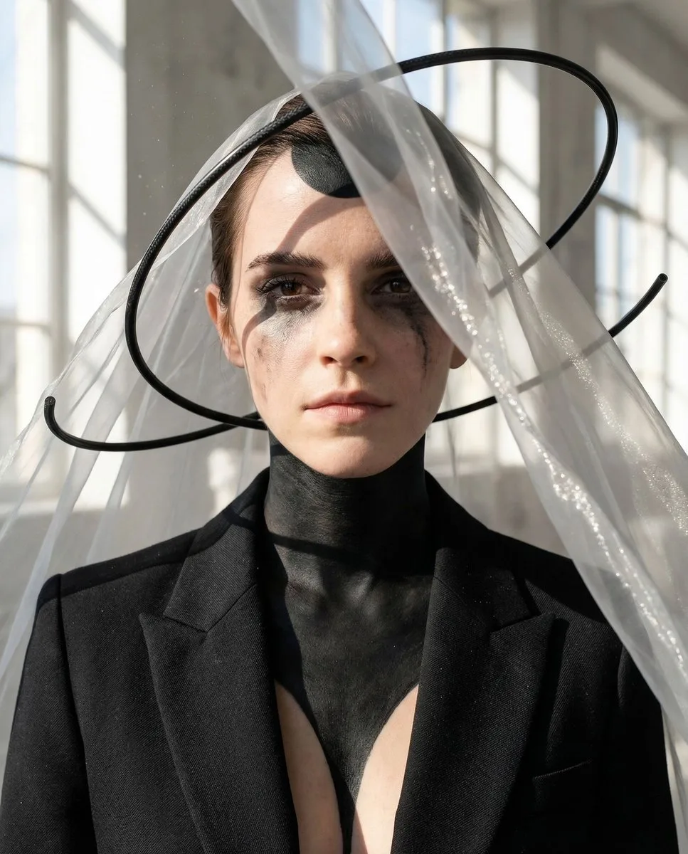 Avant-garde portrait with floating black wires and a translucent veil in a sunlit atelier. (3)