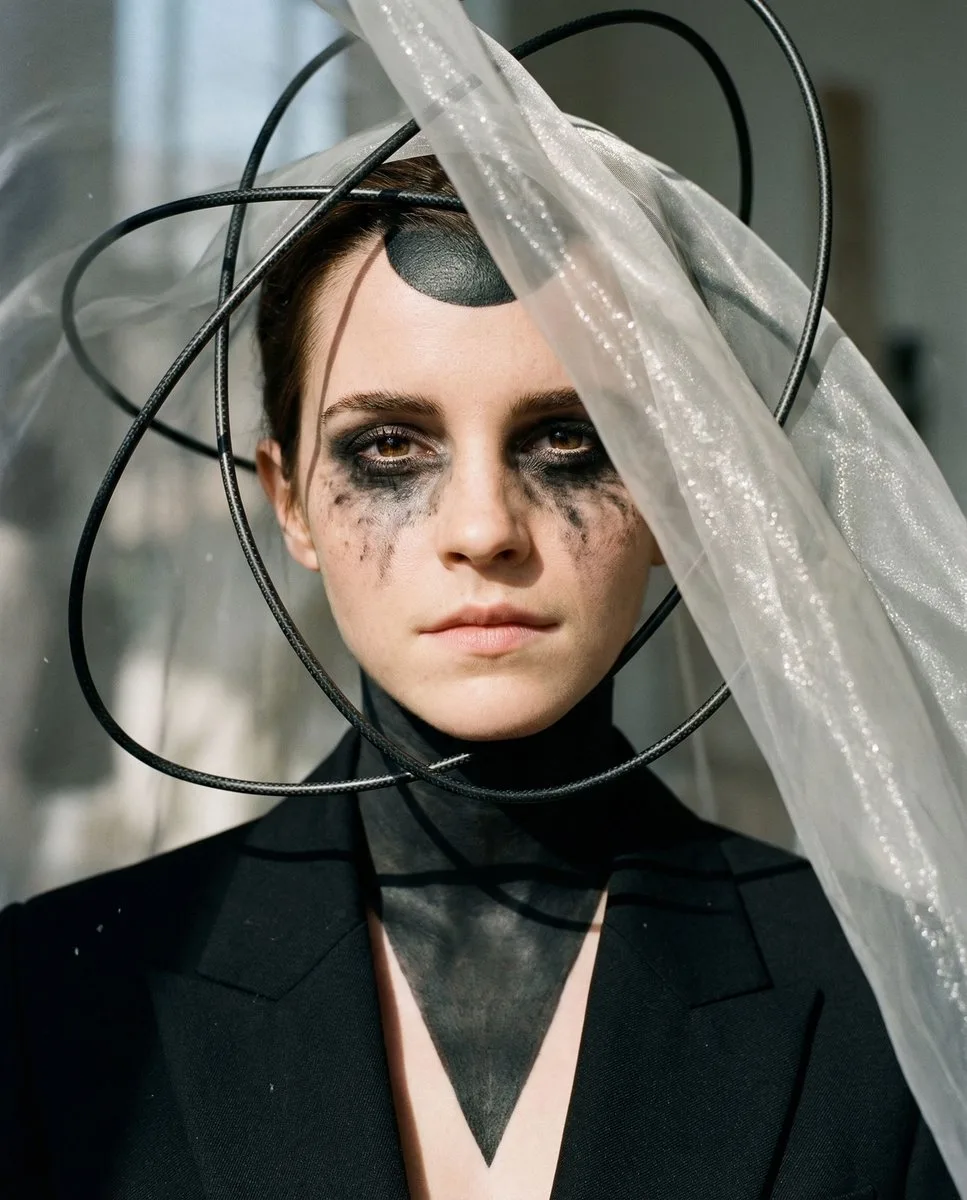 Avant-garde portrait with floating black wires and a translucent veil in a sunlit atelier. (4)