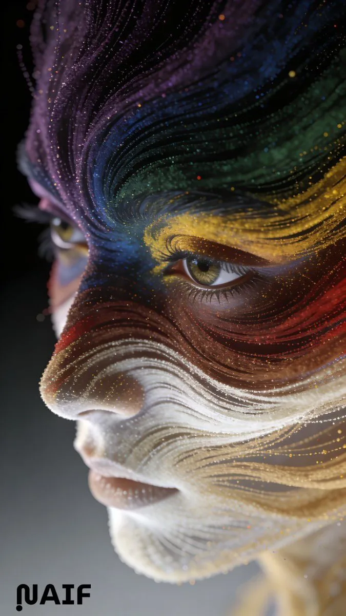Abstract facial features formed by colorful flowing Fibonacci particles on dark background