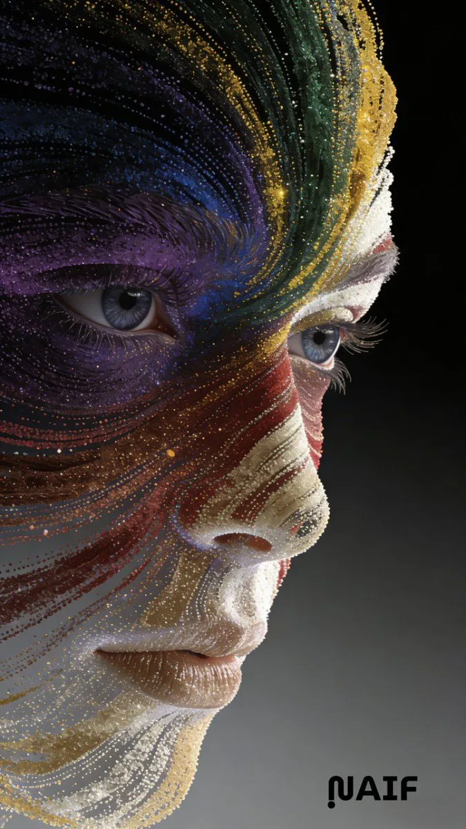 Abstract facial features formed by colorful flowing Fibonacci particles on dark background (2)
