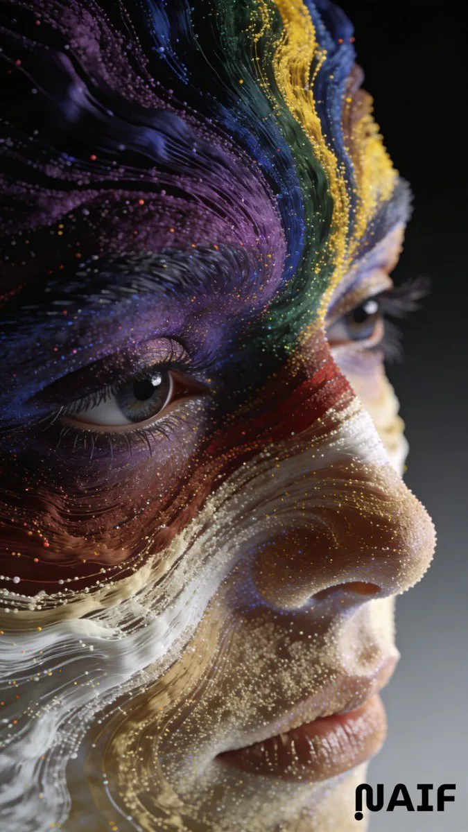 Abstract facial features formed by colorful flowing Fibonacci particles on dark background (3)