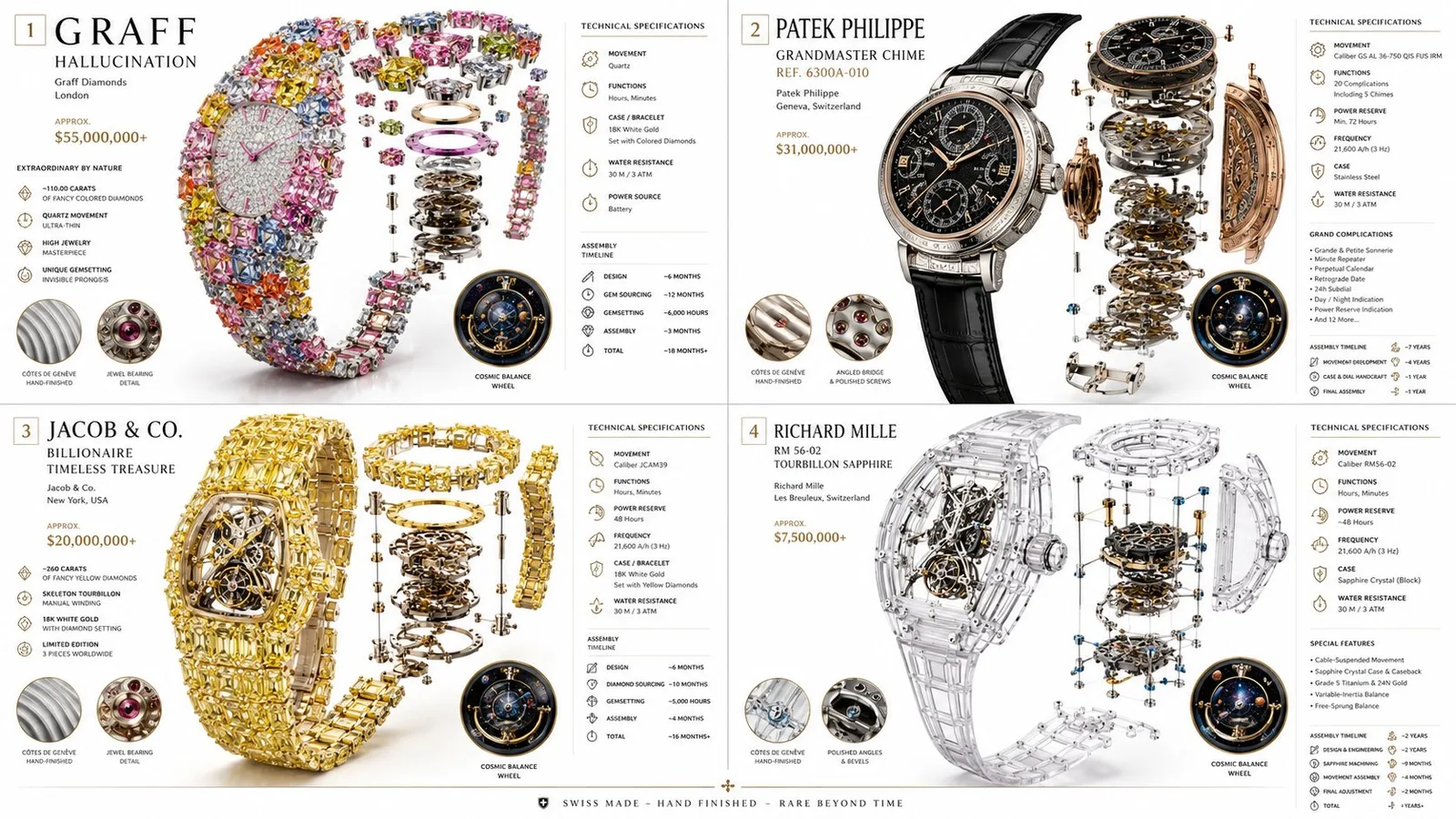 Exploded view of a luxury mechanical watch showing internal gears and technical data panels.