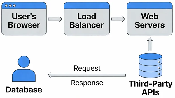 Professional web application architecture diagram showing data flow between servers and databases.