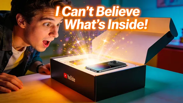 A creator looking excitedly into a glowing tech gadget box for a video thumbnail.