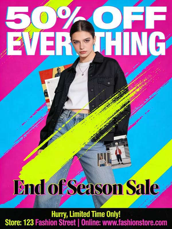 A vibrant fashion sale poster featuring a stylish model and bold typography.