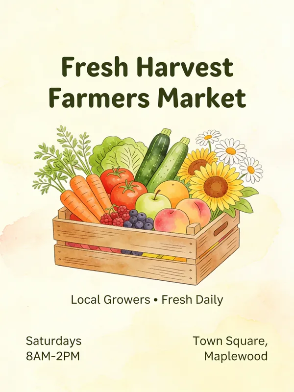 Hand-drawn illustration of a wooden crate filled with fresh vegetables, fruits, and flowers.