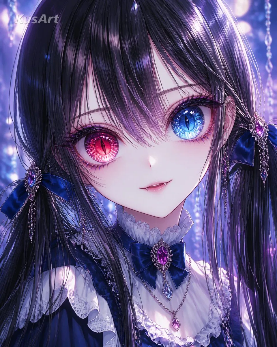 Anime girl with heterochromia, twin tails, and Victorian dress against a bokeh background.