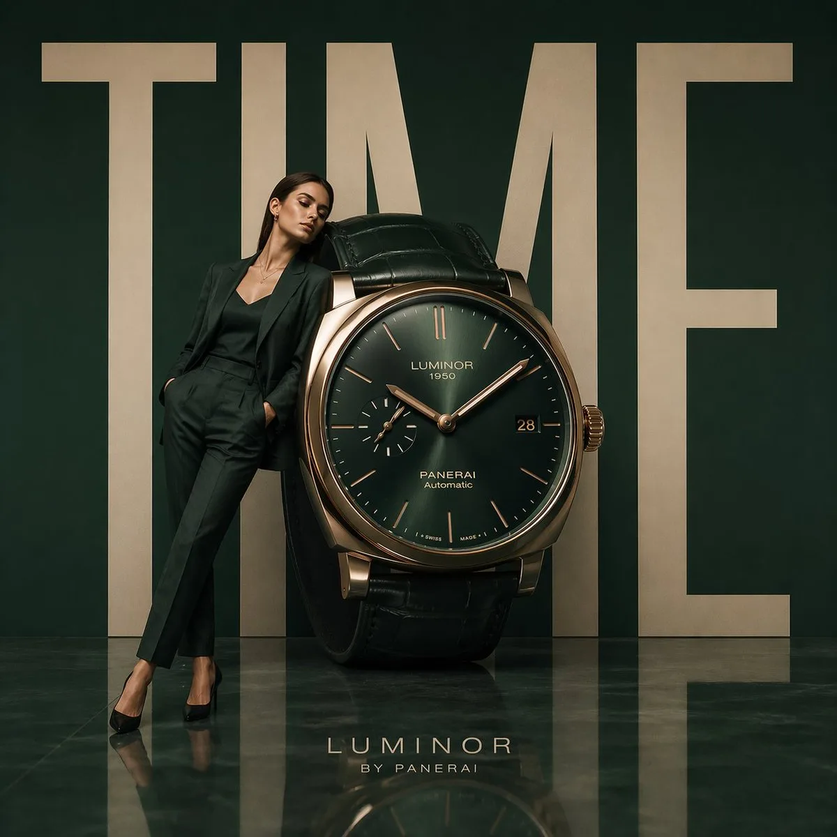 Fashion model leaning against a giant luxury wristwatch sculpture in an emerald studio.